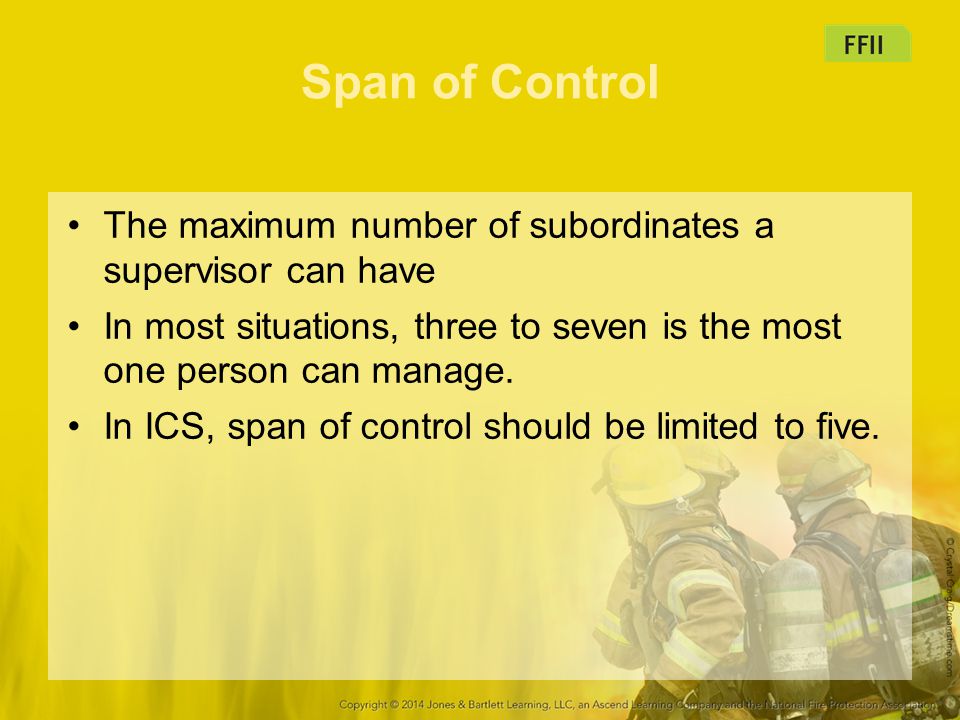 Span of Control The maximum number of subordinates a supervisor can have. In most situations, three to seven is the most one person can manage.