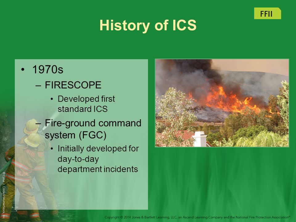 History of ICS 1970s FIRESCOPE Fire-ground command system (FGC)