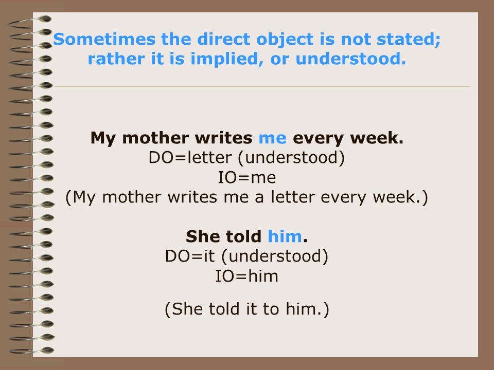 Sometimes the direct object is not stated; rather it is implied, or understood.