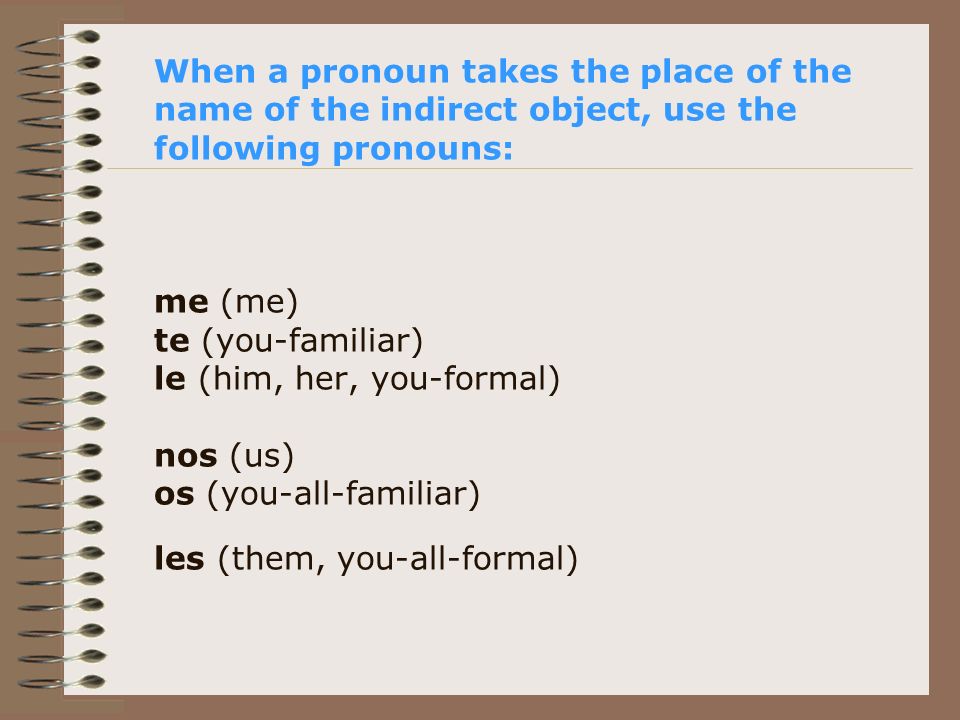 When a pronoun takes the place of the name of the indirect object, use the following pronouns: me (me) te (you-familiar) le (him, her, you-formal) nos (us) os (you-all-familiar) les (them, you-all-formal)