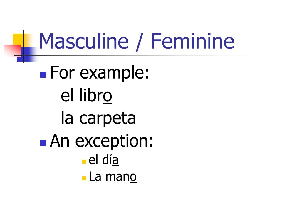 Masculine / Feminine For example: el libro la carpeta An exception: