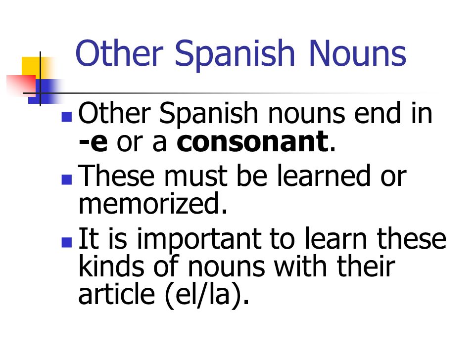 Other Spanish Nouns Other Spanish nouns end in -e or a consonant.