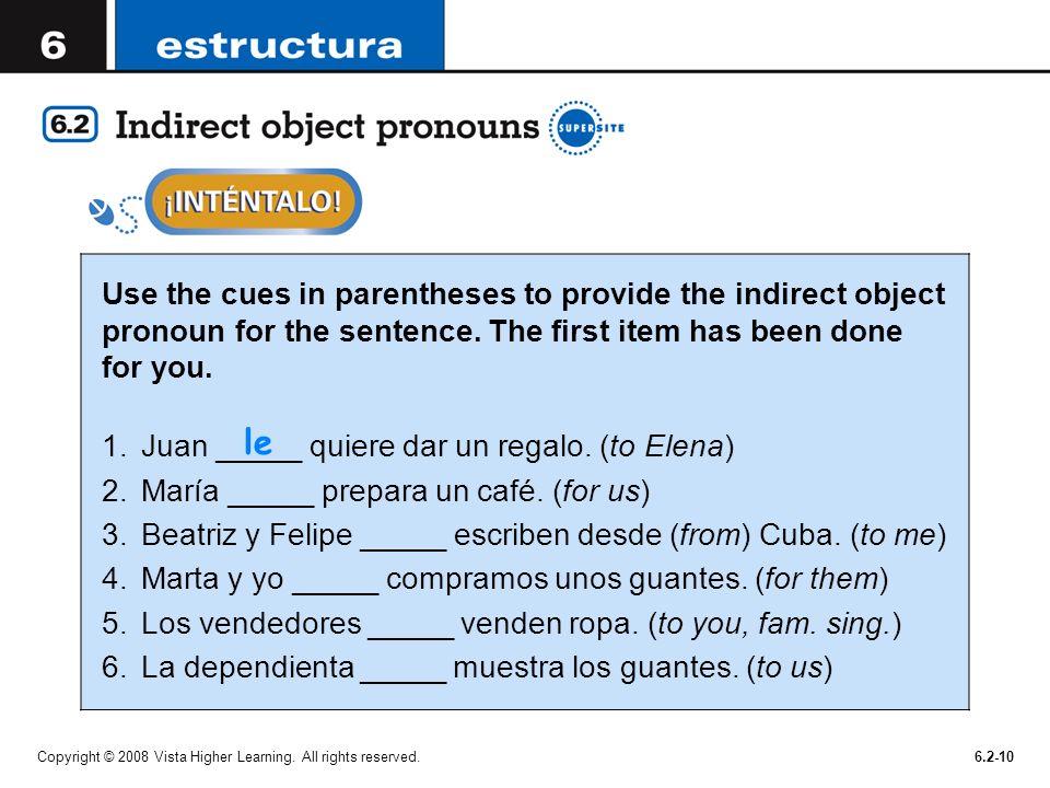 Use the cues in parentheses to provide the indirect object pronoun for the sentence. The first item has been done for you.