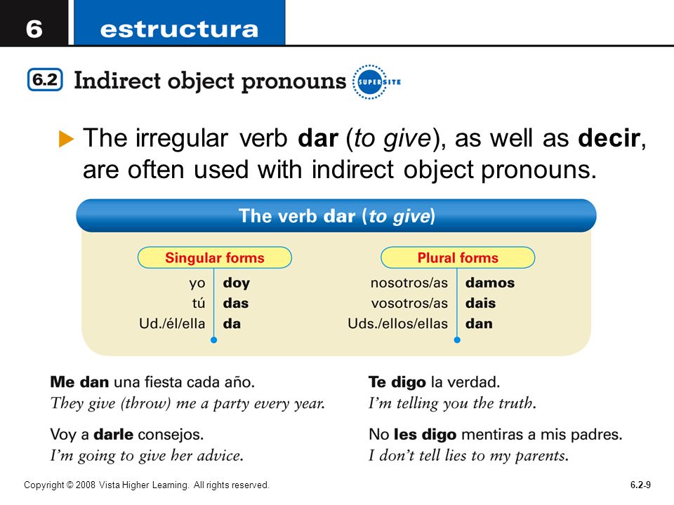 The irregular verb dar (to give), as well as decir, are often used with indirect object pronouns.