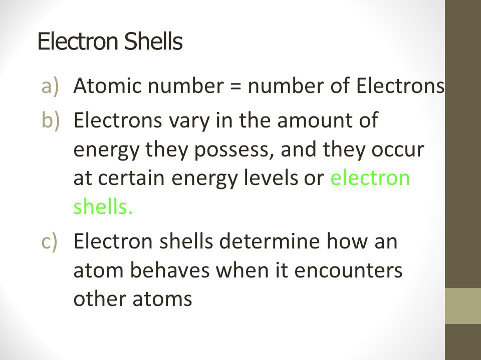 Electron Shells Atomic number = number of Electrons.