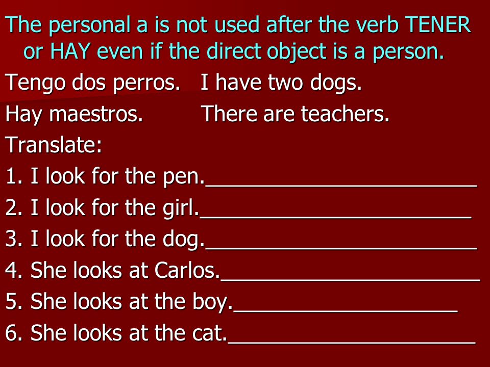 The personal a is not used after the verb TENER or HAY even if the direct object is a person.
