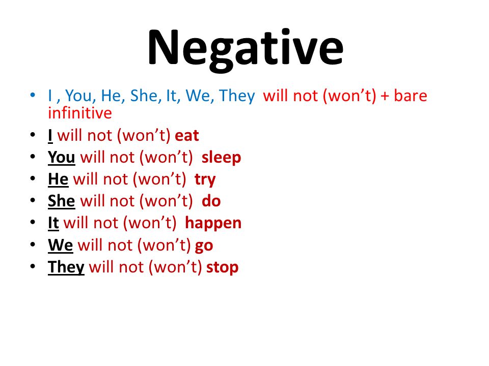 Negative I , You, He, She, It, We, They will not (won’t) + bare infinitive. I will not (won’t) eat.