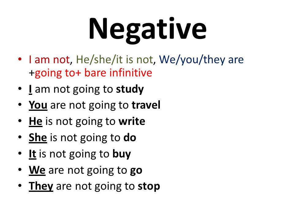 Negative I am not, He/she/it is not, We/you/they are +going to+ bare infinitive. I am not going to study.