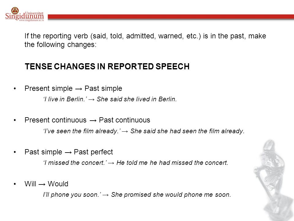 If the reporting verb (said, told, admitted, warned, etc