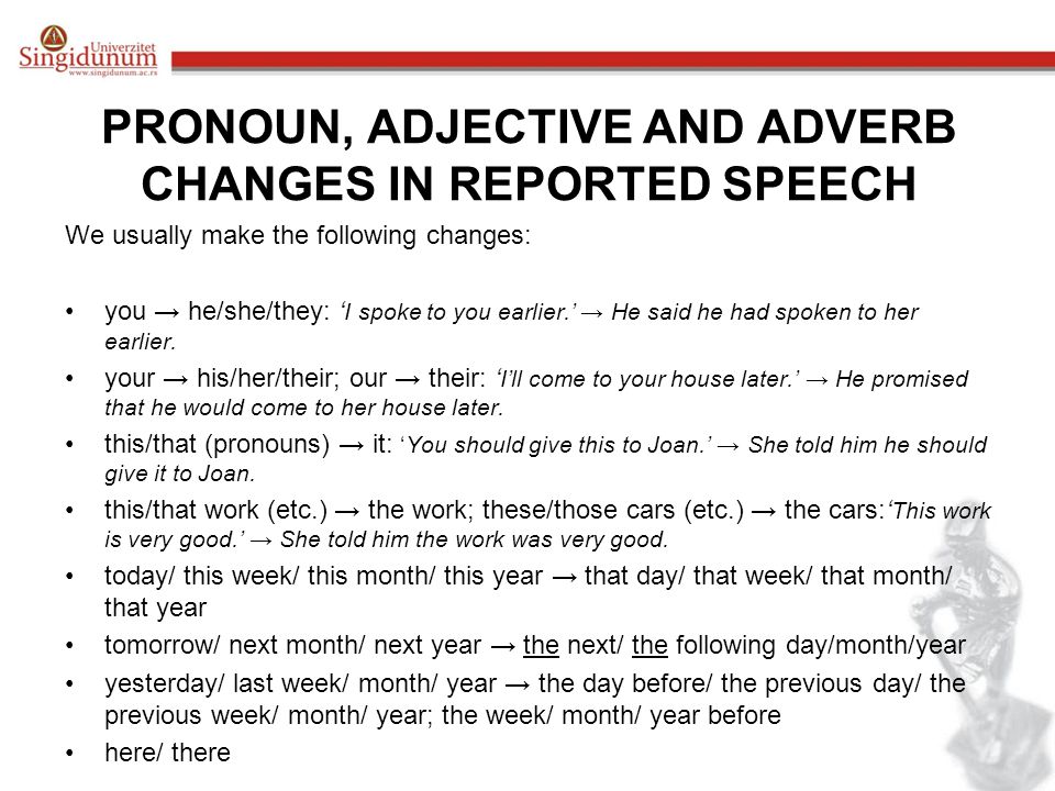 PRONOUN, ADJECTIVE AND ADVERB CHANGES IN REPORTED SPEECH