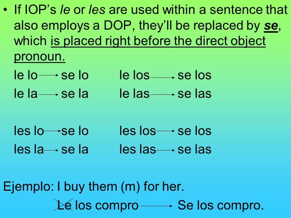 If IOP’s le or les are used within a sentence that also employs a DOP, they’ll be replaced by se, which is placed right before the direct object pronoun.