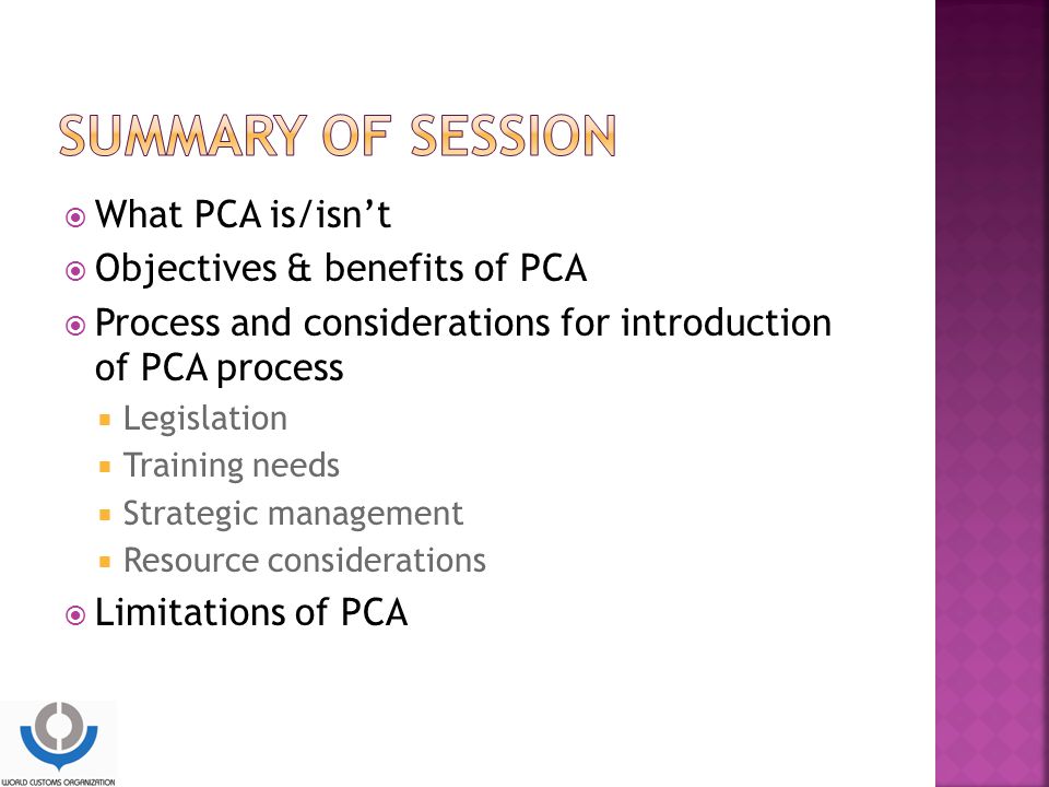 SUMMARY OF SESSION What PCA is/isn’t Objectives & benefits of PCA