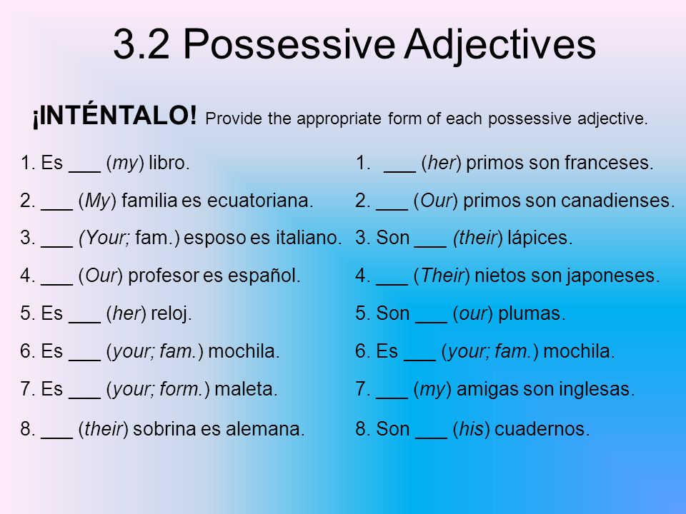 ¡INTÉNTALO! Provide the appropriate form of each possessive adjective.