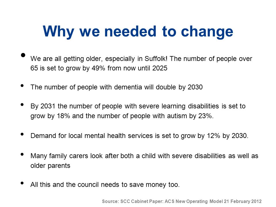 Why we needed to change We are all getting older, especially in Suffolk! The number of people over 65 is set to grow by 49% from now until