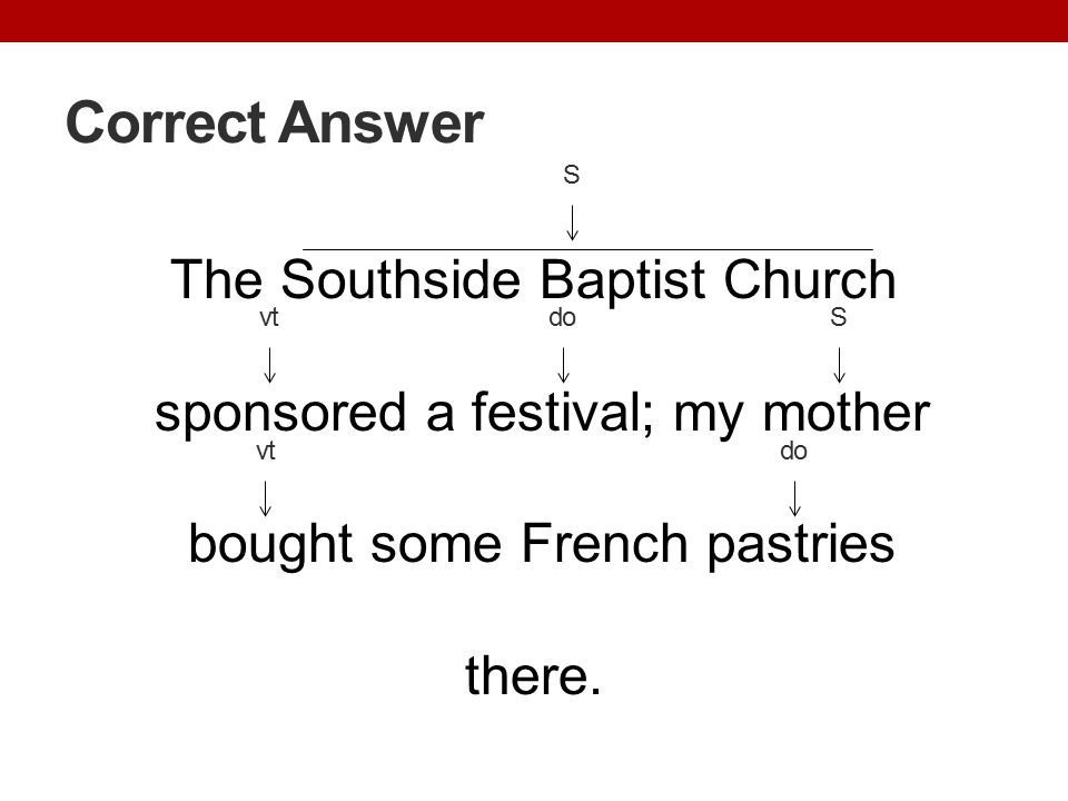 Correct Answer S. The Southside Baptist Church sponsored a festival; my mother bought some French pastries there.