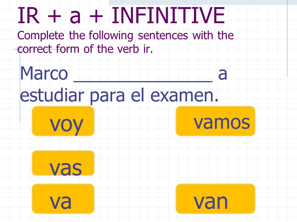 IR + a + INFINITIVE Complete the following sentences with the correct form of the verb ir.