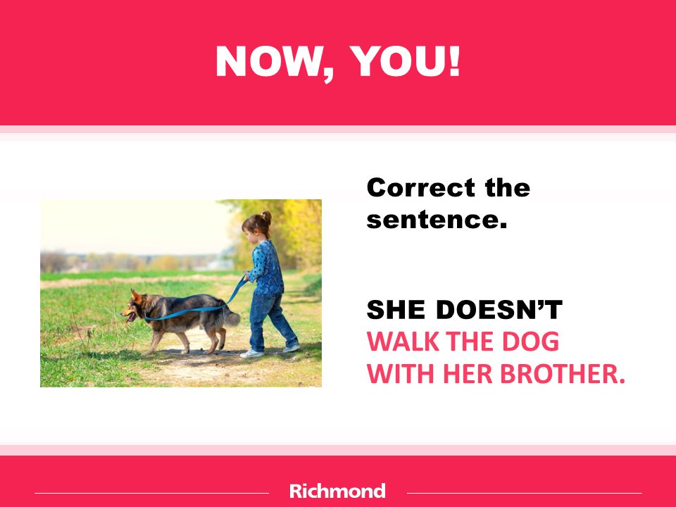 NOW, YOU! WALK THE DOG WITH HER BROTHER. Correct the sentence.