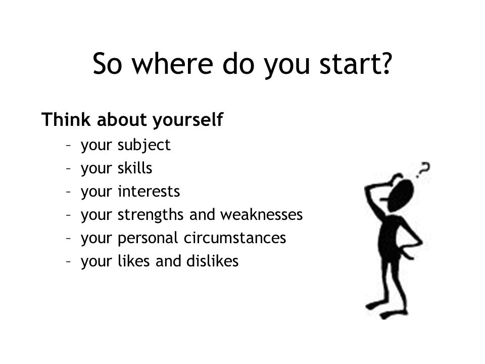 So where do you start Think about yourself your subject your skills