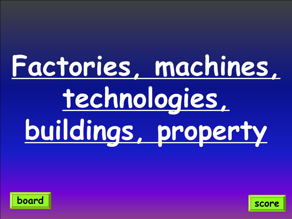Factories, machines, technologies, buildings, property