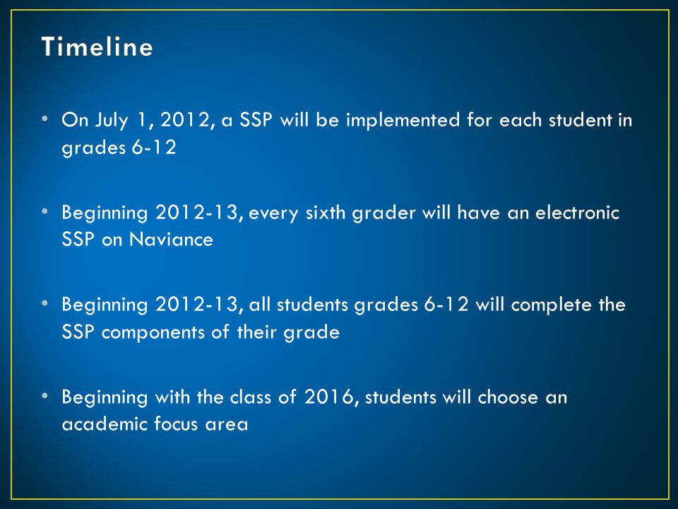 Timeline On July 1, 2012, a SSP will be implemented for each student in grades