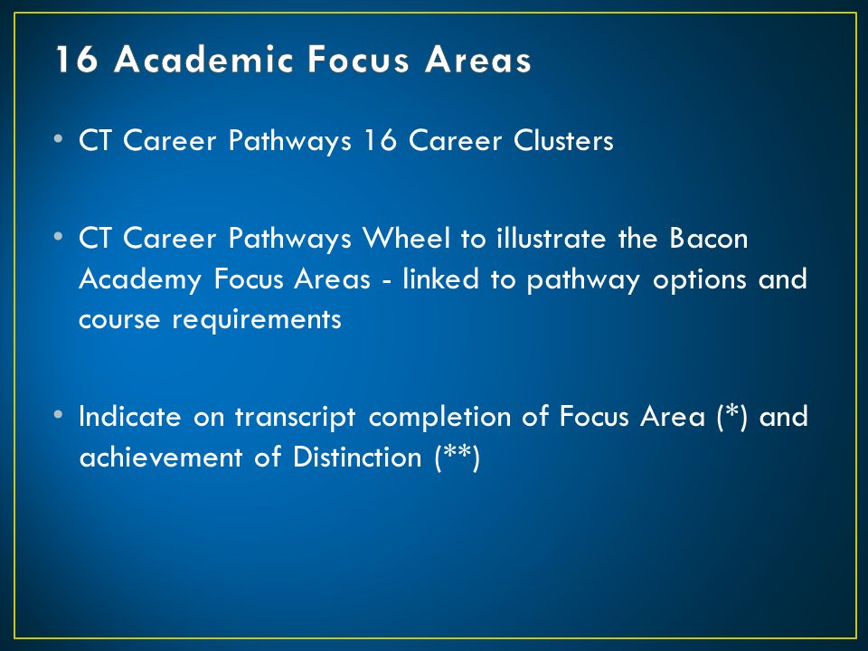 16 Academic Focus Areas CT Career Pathways 16 Career Clusters