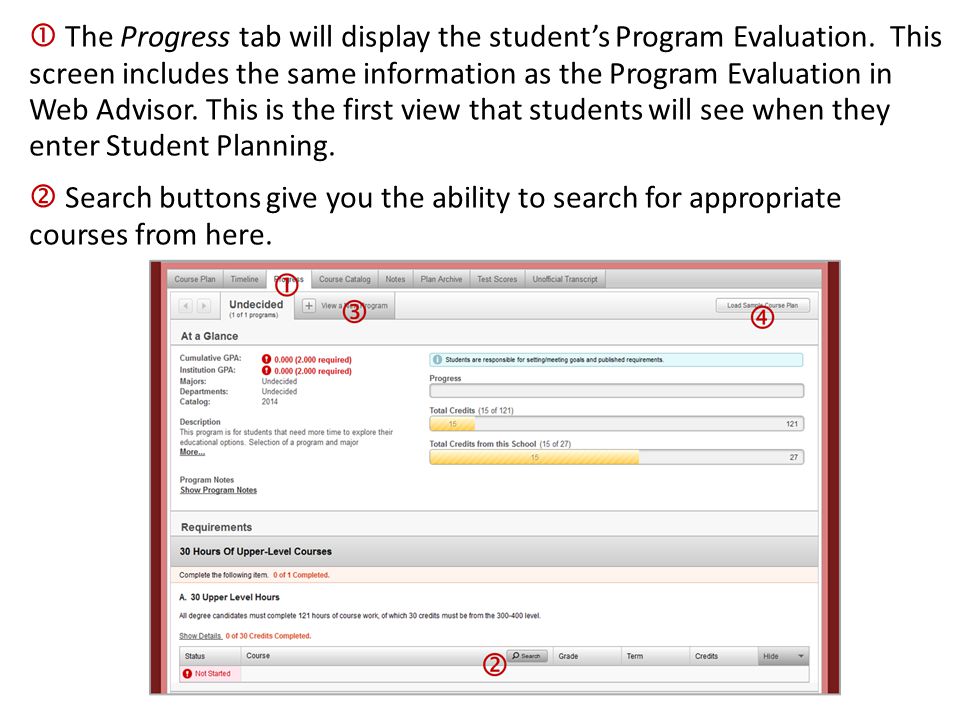  The Progress tab will display the student’s Program Evaluation