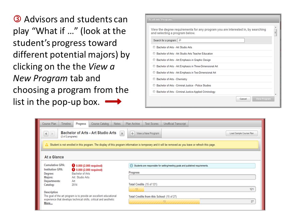  Advisors and students can play What if … (look at the student’s progress toward different potential majors) by clicking on the the View a New Program tab and choosing a program from the list in the pop-up box.