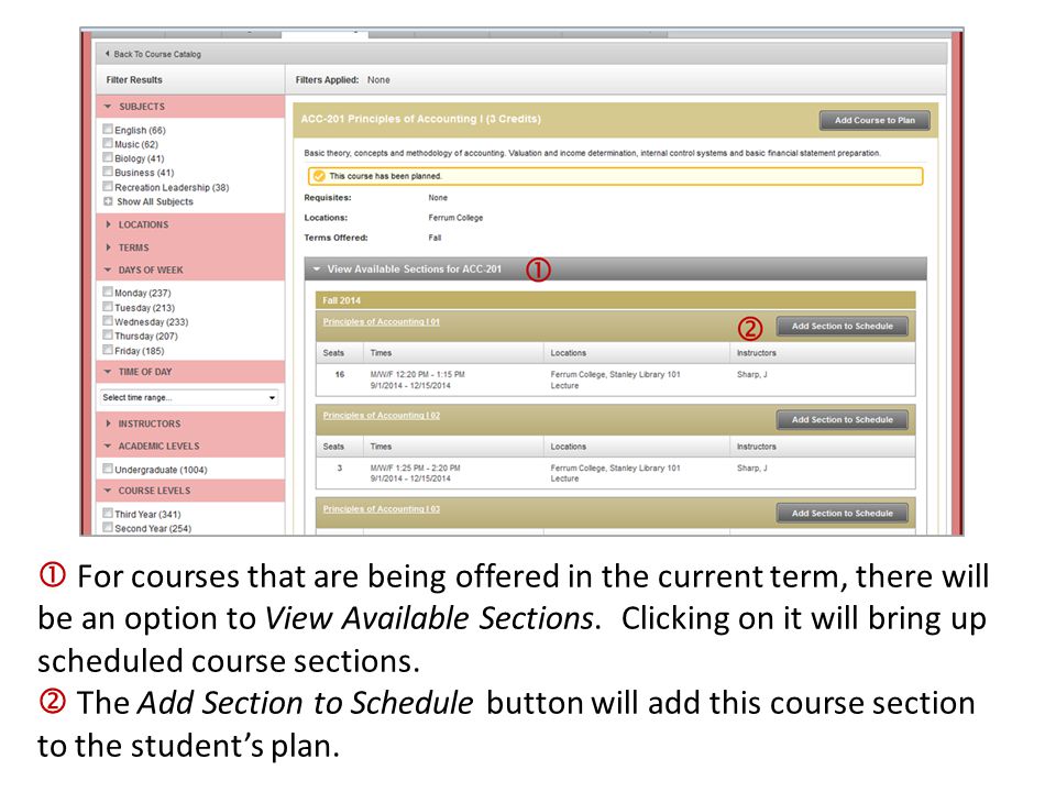  For courses that are being offered in the current term, there will be an option to View Available Sections. Clicking on it will bring up scheduled course sections.