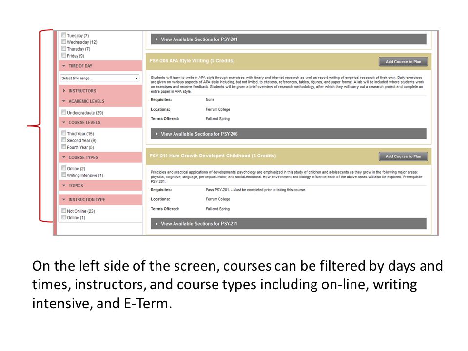 On the left side of the screen, courses can be filtered by days and times, instructors, and course types including on-line, writing intensive, and E-Term.