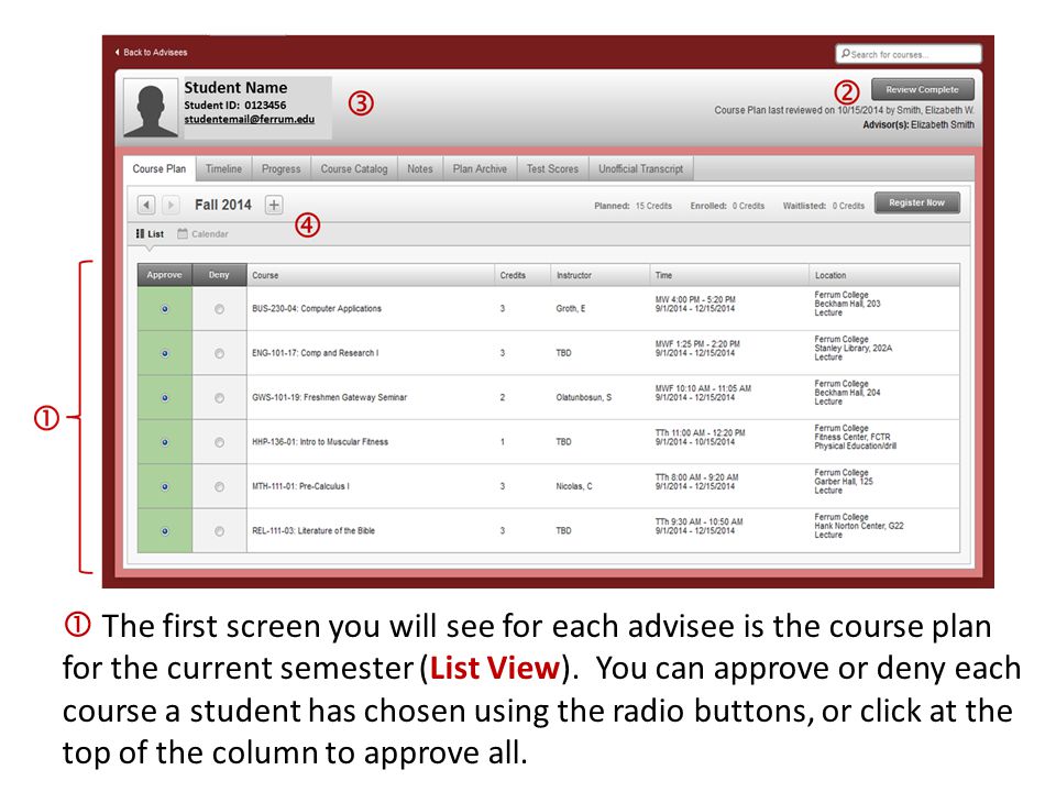  The first screen you will see for each advisee is the course plan for the current semester (List View).
