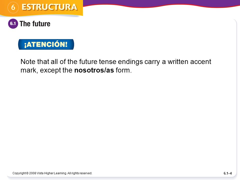 Note that all of the future tense endings carry a written accent mark, except the nosotros/as form.