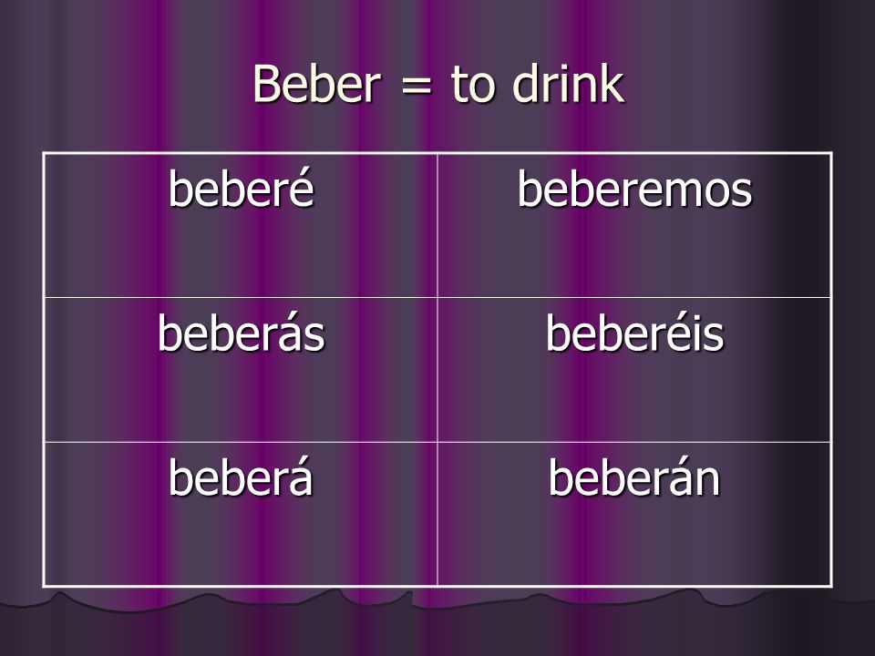 Beber = to drink beberé beberemos beberás beberéis beberá beberán