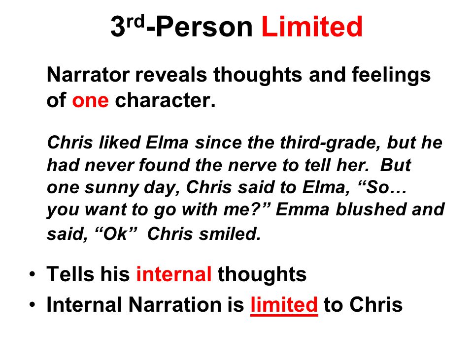 3rd-Person Limited Narrator reveals thoughts and feelings of one character.