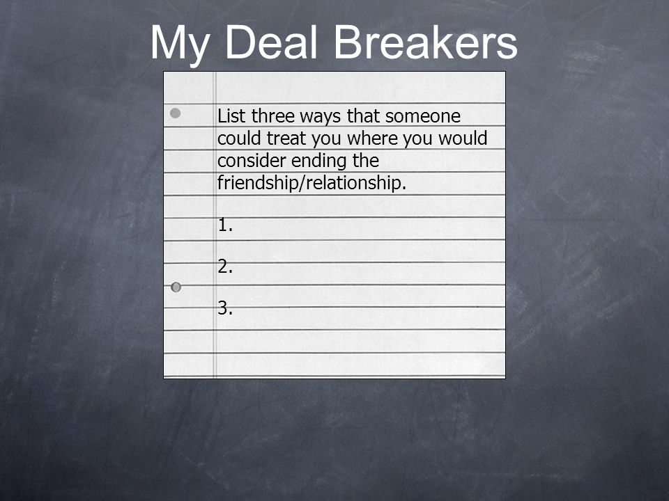 My Deal Breakers List three ways that someone could treat you where you would consider ending the friendship/relationship.