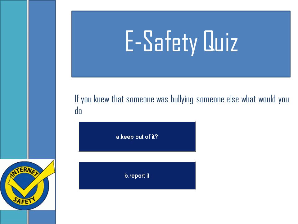 E-Safety Quiz If you knew that someone was bullying someone else what would you do