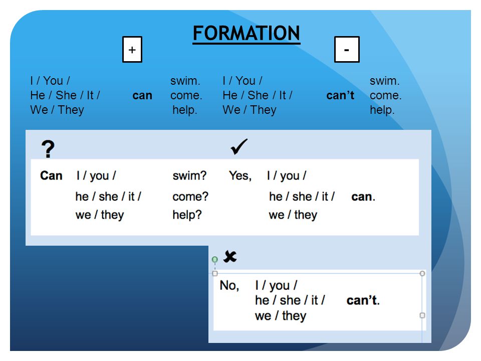 FORMATION + - I / You / swim. I / You / swim.