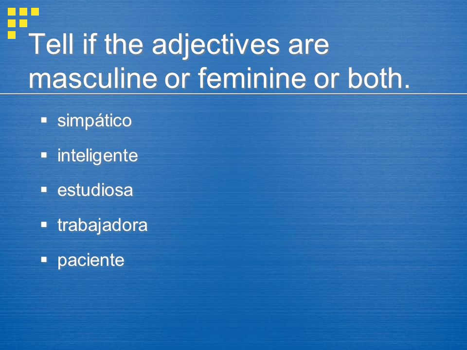 Tell if the adjectives are masculine or feminine or both.