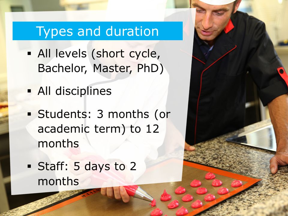 Types and duration All levels (short cycle, Bachelor, Master, PhD)