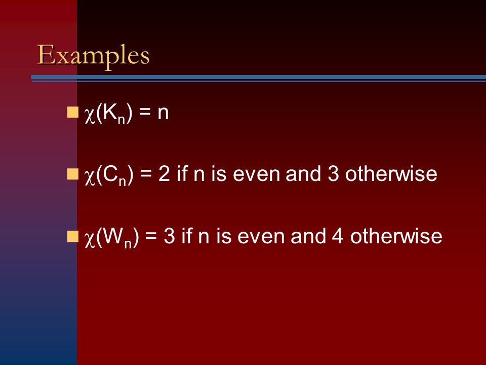 Examples (Kn) = n (Cn) = 2 if n is even and 3 otherwise