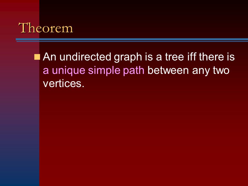 Theorem An undirected graph is a tree iff there is a unique simple path between any two vertices.