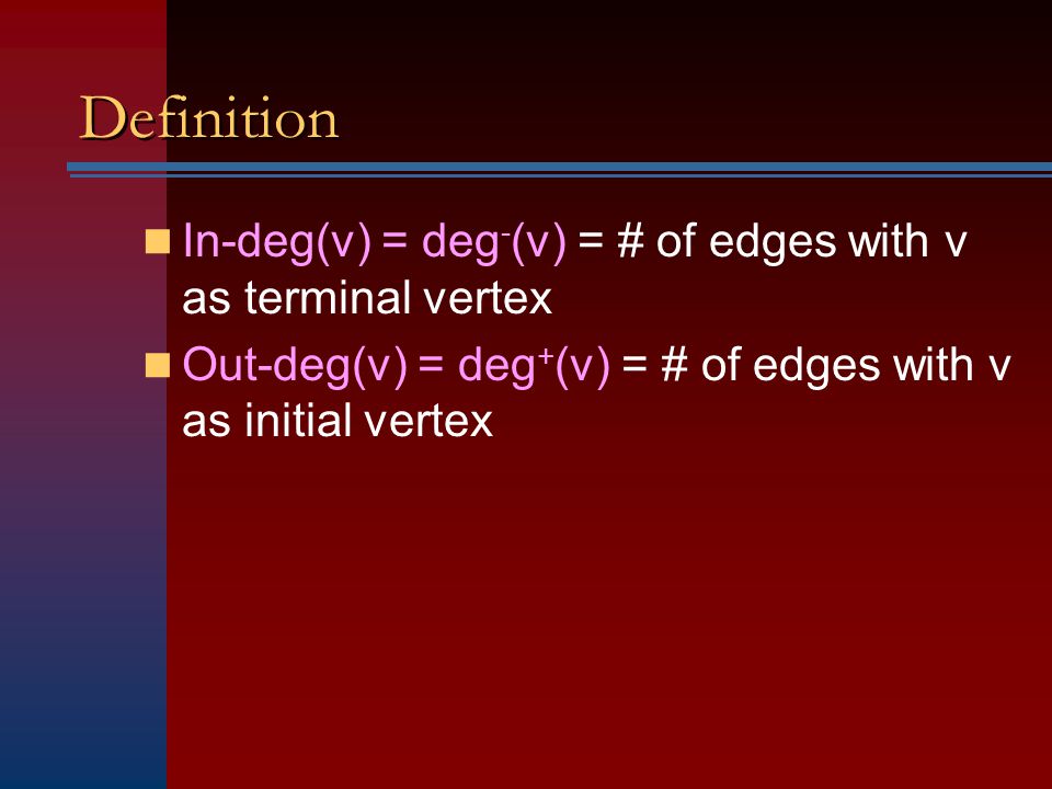 Definition In-deg(v) = deg-(v) = # of edges with v as terminal vertex