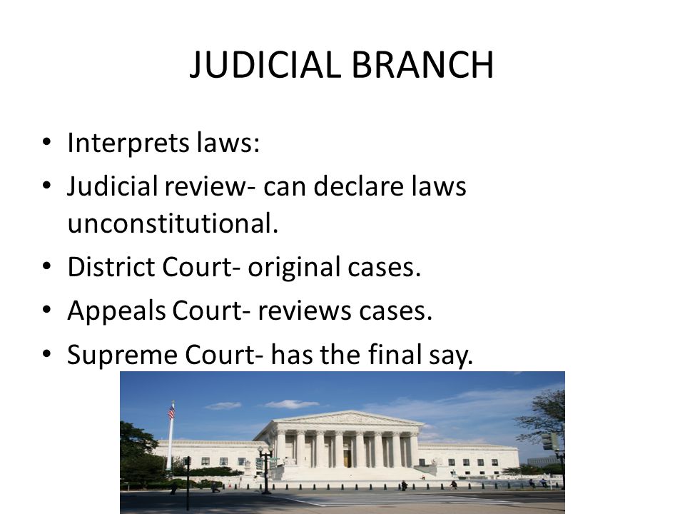 JUDICIAL BRANCH Interprets laws: