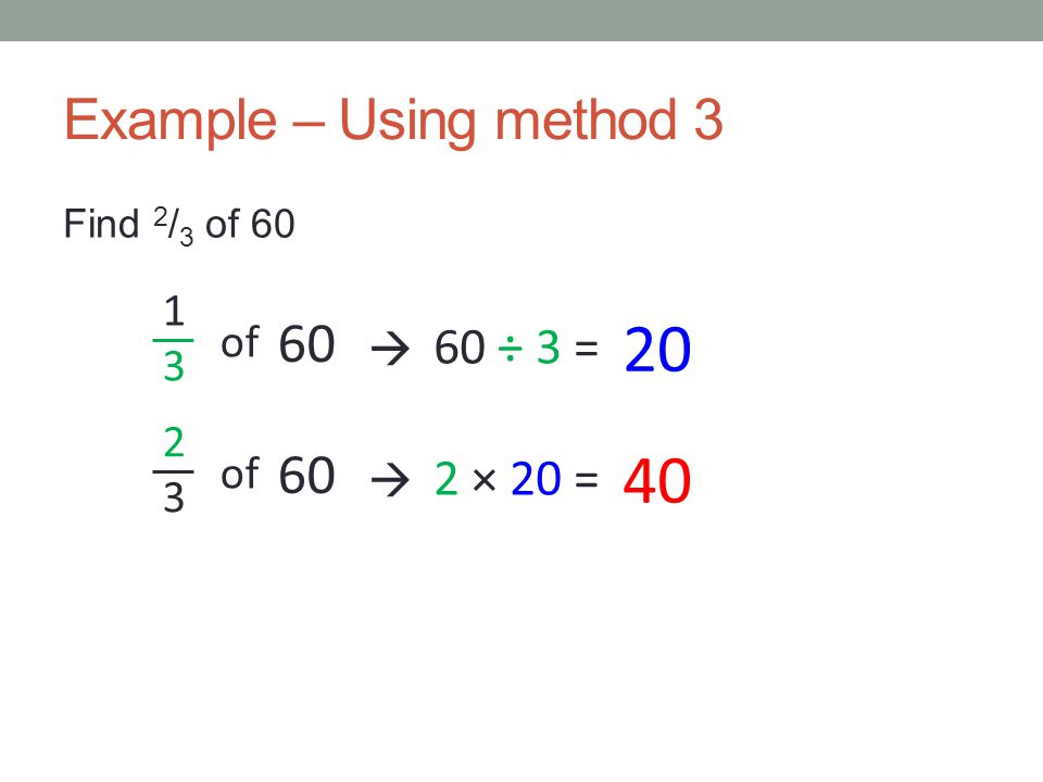 20 40 Example – Using method ÷ 3 = 2 × 20 = 1 3 of  2 3 of