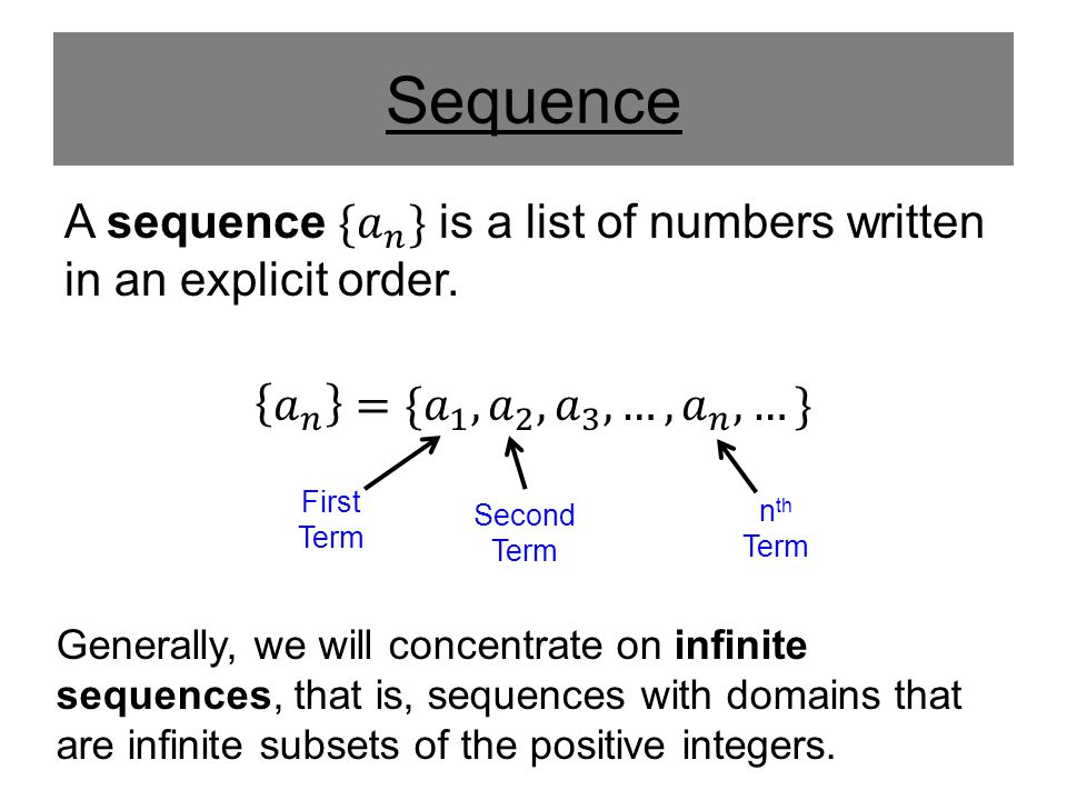 Sequence A sequence { 𝑎 𝑛 } is a list of numbers written in an explicit order. 𝑎 𝑛 ={ 𝑎 1 , 𝑎 2 , 𝑎 3 , …, 𝑎 𝑛 ,…}