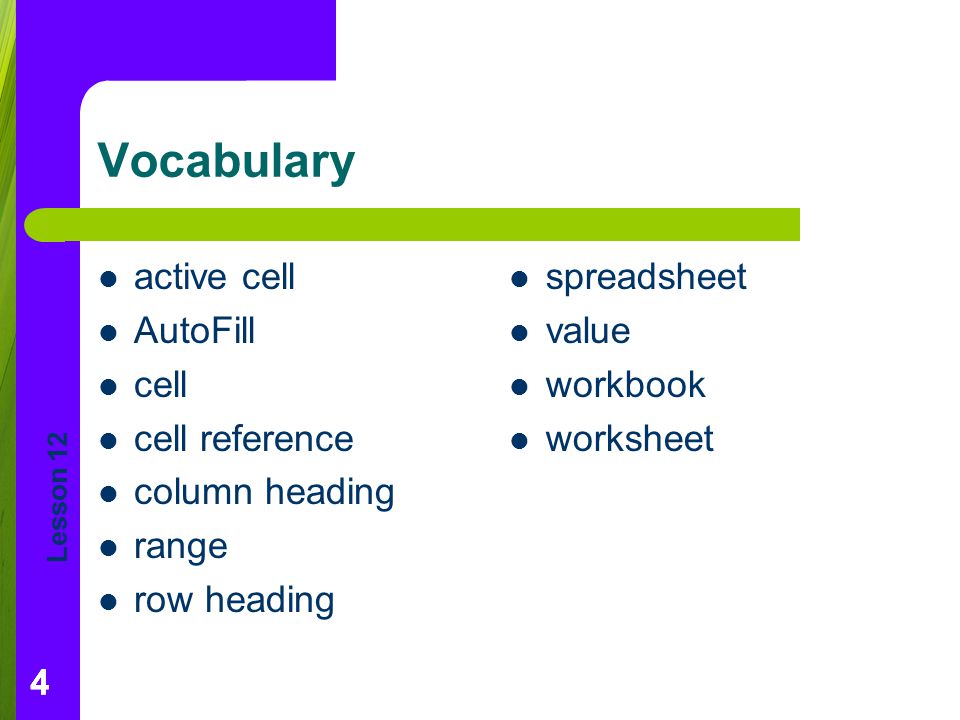 Vocabulary active cell AutoFill cell cell reference column heading