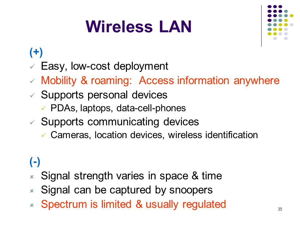 Wireless LAN (+) Easy, low-cost deployment