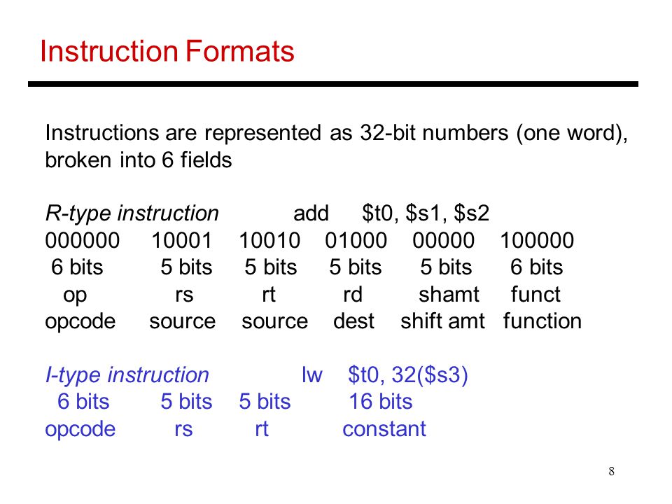 Instruction Formats Instructions are represented as 32-bit numbers (one word), broken into 6 fields.