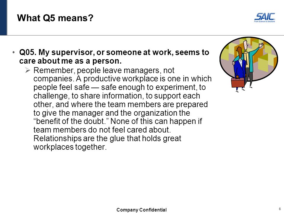 What Q5 means Q05. My supervisor, or someone at work, seems to care about me as a person.