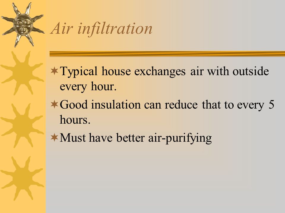 Air infiltration Typical house exchanges air with outside every hour.