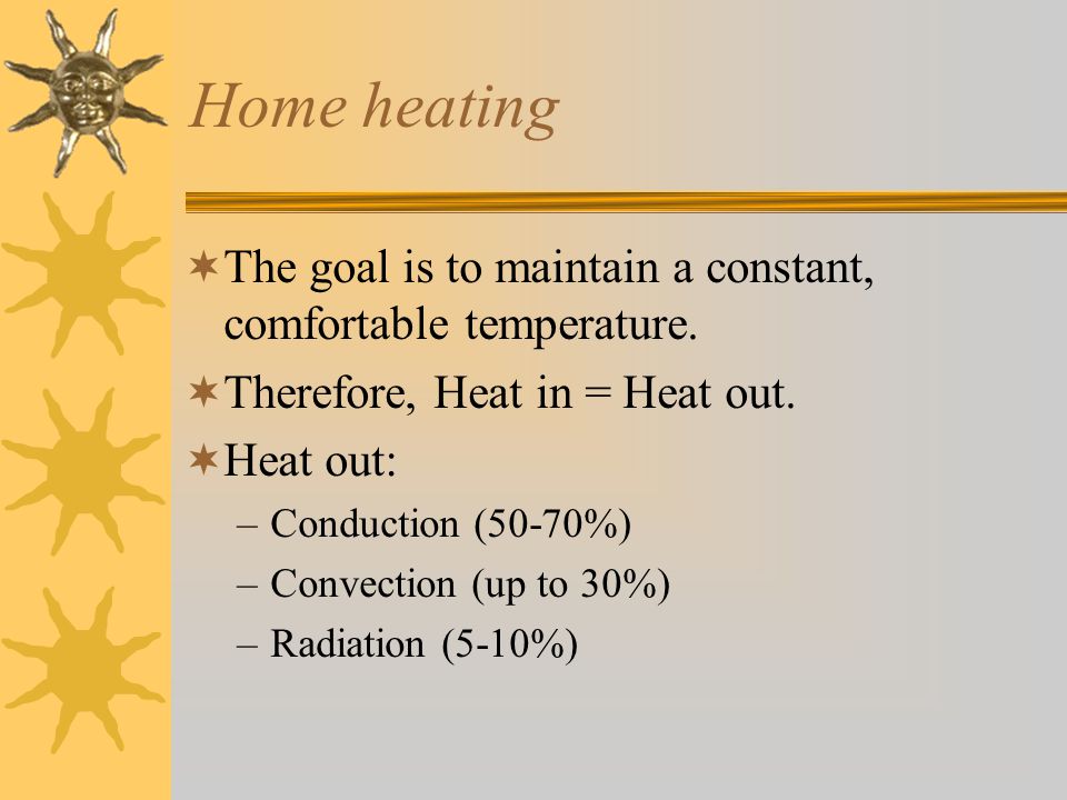 Home heating The goal is to maintain a constant, comfortable temperature. Therefore, Heat in = Heat out.